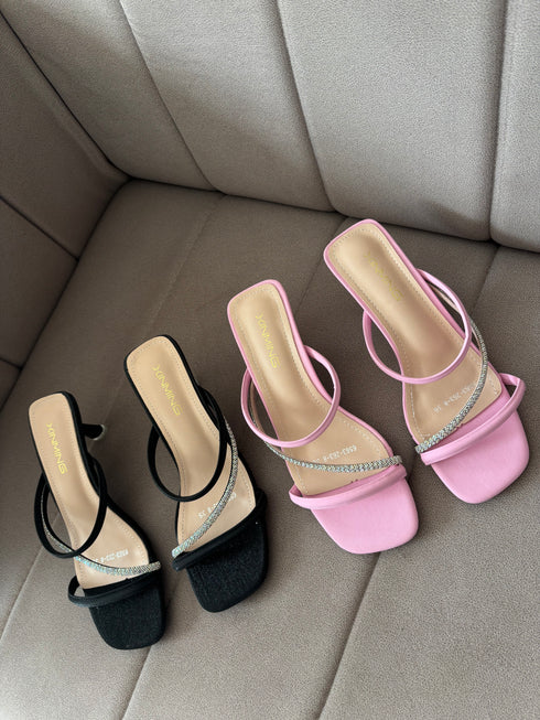 Women Rhinestone Embedded Straps Slid-On Heels